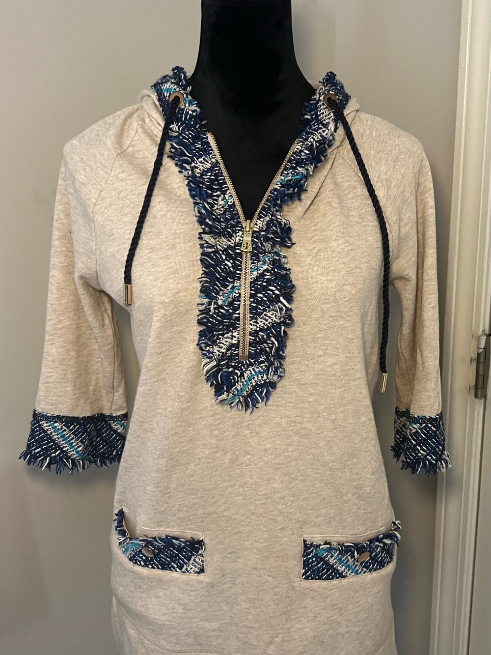Tory Burch XS Hooded Tunic Beach Cover Up Dress Tweed Trim Blue 100% Cotton